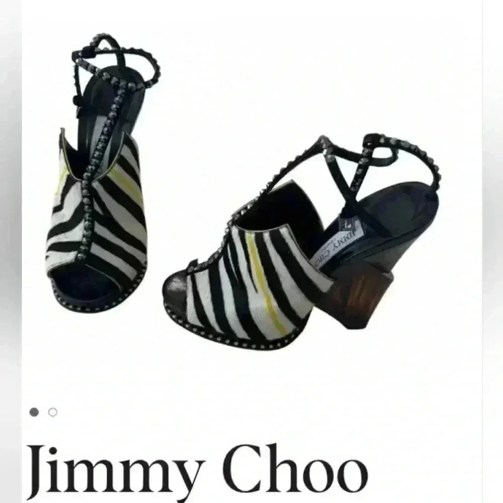 Jimmy Choo Multicolor Calf Hair Crystal Embellished Kaskade T-Strap sz 36